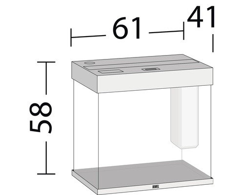 Image d''un aquarium avec des dimensions de 61 cm de largeur, 58 cm de hauteur et 41 cm de profondeur.