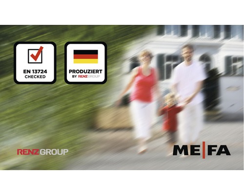 EN 13724 Checked Symbol. Hergestellt in Deutschland Symbol. MEFA Logo.