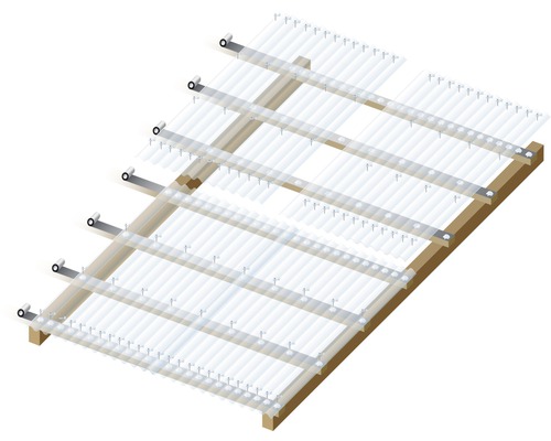 Illustration eines Terrassendachs mit Holzrahmen und lichtdurchlässigen Platten
