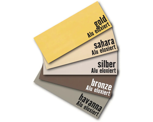 Échantillons de couleurs d''aluminium anodisé en or, sahara, argent, bronze et havane