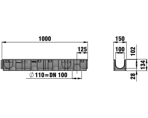Dessin technique d''un caniveau de drainage avec dimensions