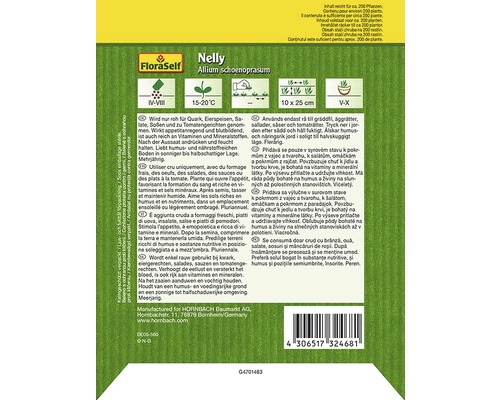 FloraSelf Nelly Ciboulette Allium schoenoprasum Emballage de semences avec des informations sur le semis, l''emplacement et l''utilisation
