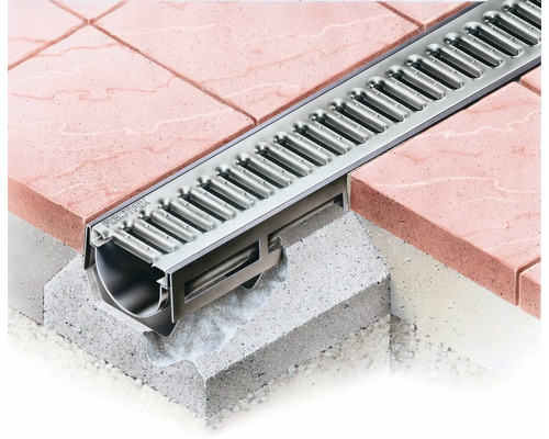 Caniveau de drainage RECFIX en acier inoxydable entre des pavés