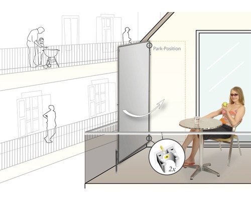 Balkonszene mit Seitenmarkise zur Wahrung der Privatsphäre und zum Schutz vor Sonne und Wind.