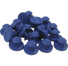 Eine Ansammlung von blauen Verschlussstopfen aus Kunststoff.