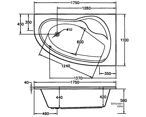 Technische Zeichnung einer Badewanne mit Maßangaben