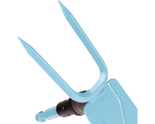 Vue détaillée d''un outil de jardin bleu à deux dents