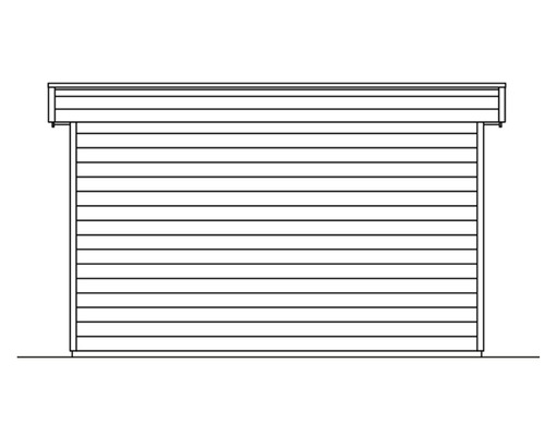 Illustration eines Gerätehauses mit horizontaler Holzfassade.