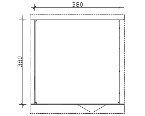 Technische Zeichnung vun engem Gaardenhaus mat de Moossen 380 mol 380 Zentimeter.