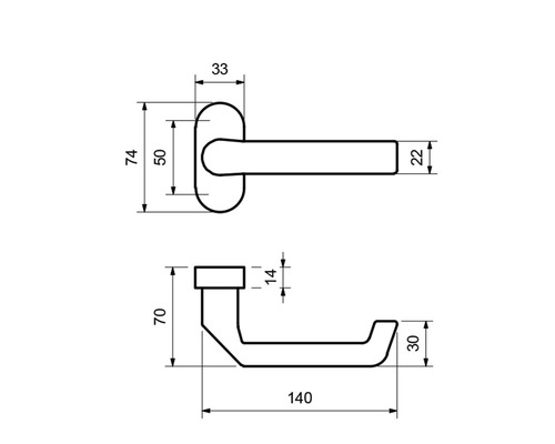 Technische Zeichnung eines Türgriffs mit Maßangaben