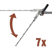 Image d''un taille-haie avec une tête de coupe réglable et indication d''un grossissement septuple