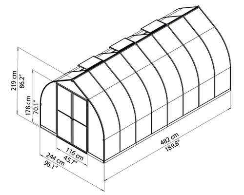 Abbildung eines Gewächshauses mit Größenangaben.