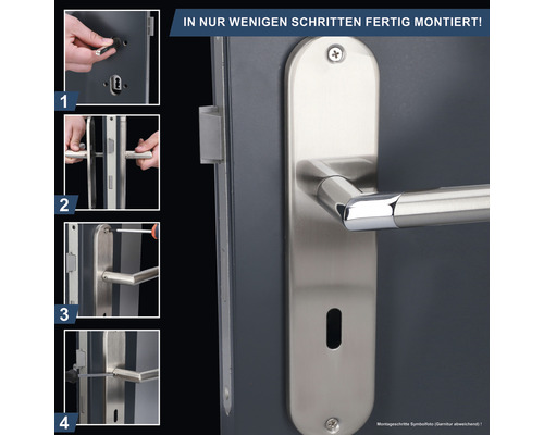 Montage einer Türbeschlag-Garnitur in vier Schritten dargestellt.