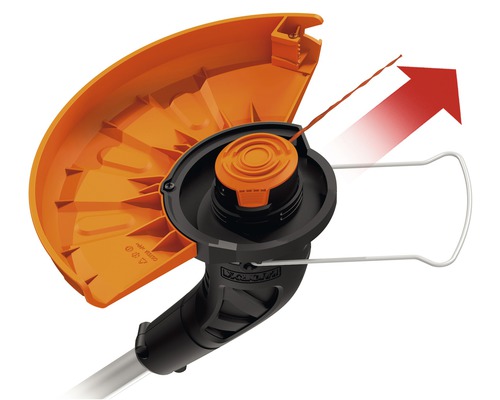 Tête de coupe-fil d''un coupe-bordures avec arceau de protection et flèche rouge