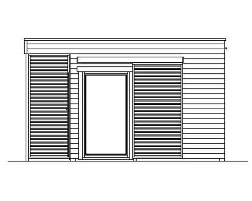 Illustration d''un abri de jardin avec des murs en bois et une porte