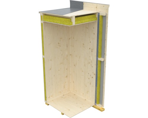 Vue en coupe d''un abri de jardin en bois avec carton bitumé et isolation