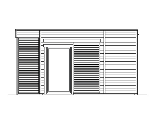 Image d''un abri de jardin avec porte et volets.