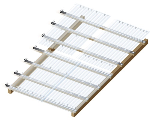 Illustration d''un toit de terrasse transparent avec cadre en bois et matériel de fixation.