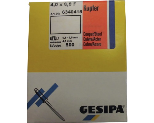 Paquet de rivets aveugles Gesipa 4,0 x 6,0 en cuivre et acier, 500 pièces