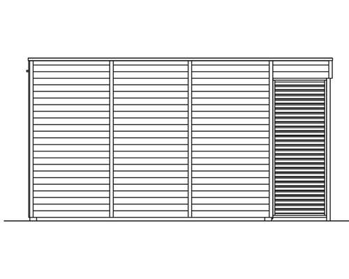 Illustration d''un abri de jardin avec bardage horizontal en bois et porte à enroulement