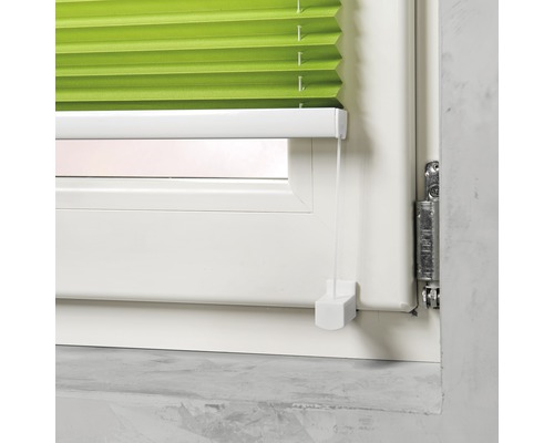 Store plissé vert sur fenêtre