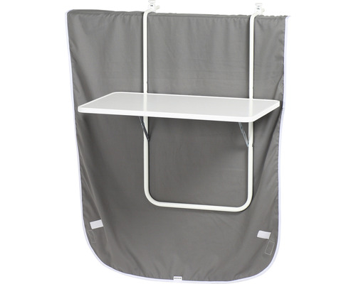 Balkontisch mit grauem Sichtschutz und weißem Rahmen