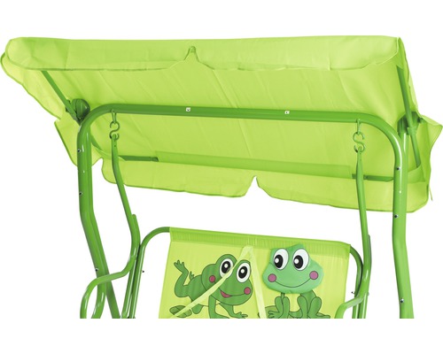 Detailansicht einer Kinderschaukel mit Froschmotiven und Sonnendach
