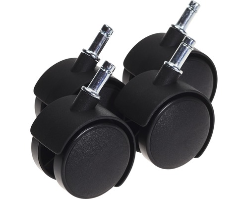 Vier Bürostuhlrollen mit Stiftaufnahme