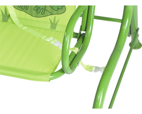 Detailansicht einer grünen Kinderschaukel mit Sicherheitsgurten