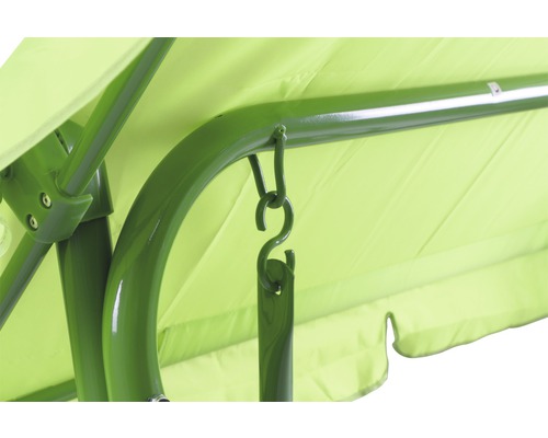 Detailansicht einer Gartenschaukel mit Metallgestell und Stoffdach