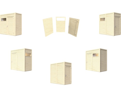 Mehrere Ansichten eines Gerätehauses aus Holz mit Tür und Fenster