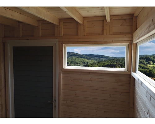 Innenansicht eines Holzhauses mit Tür und Fenster