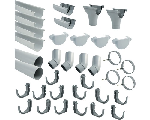 Dachrinnen-Set mit Rinnen, Rohren, Winkeln, Verbindungsstücken und Halterungen für die Dachentwässerung