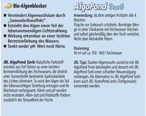 Informationen zu JBL AlgoPond Sorb Bio-Algenblocker. Reduziert Algenwachstum, entzieht Algen Licht, färbt Wasser leicht bernsteinfarben, senkt weder pH-Wert noch Härte.