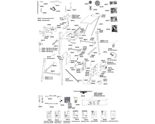 Explosionszeichnung einer Tischkreissäge mit Ersatzteilen und Montageanleitungen