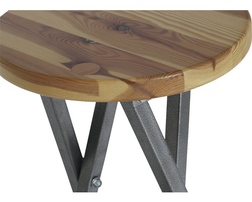 Vue détaillée d''un tabouret rond avec plateau en bois et pieds en métal