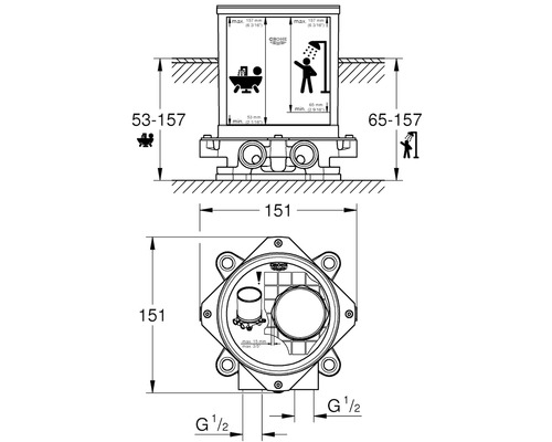 Schéma technique d''un bloc d''installation Grohe avec indications de mesure