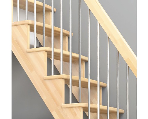 Escalier en bois avec rambarde à barreaux métalliques