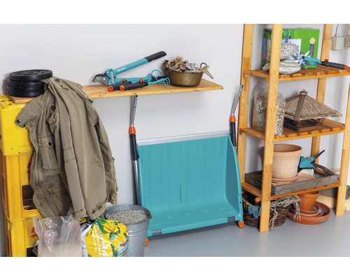 Rangement d''outils de jardin avec étagères, brouette et outils