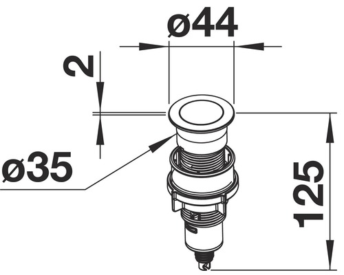 Dessin technique d''une soupape de vidange avec les dimensions 44 mm, 35 mm et 125 mm.