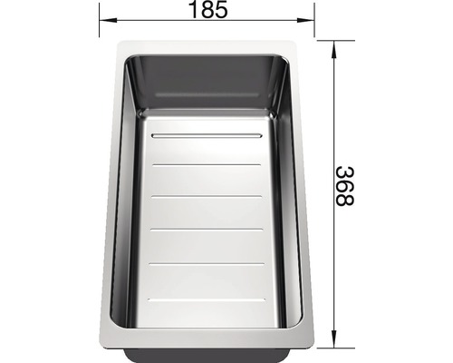 Évier en acier inoxydable mesurant 185 x 368 mm.