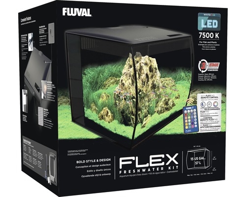 Kit complet pour aquarium d''eau douce Fluval Flex avec éclairage et système de filtration dans son emballage