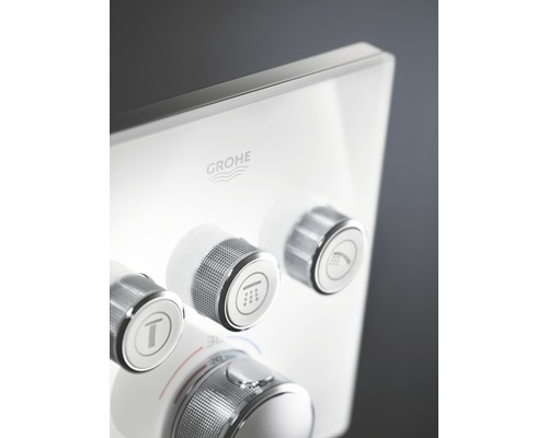 Logo Grohe sur robinet de douche avec régulateur de température et sélecteur de jet