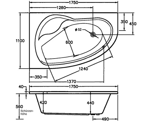 Plan technique d''une baignoire avec cotes