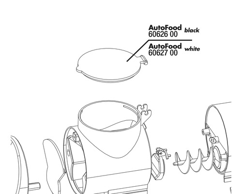 Schéma d''explosion du distributeur automatique de nourriture AutoFood avec les numéros de produit pour les modèles noirs et blancs