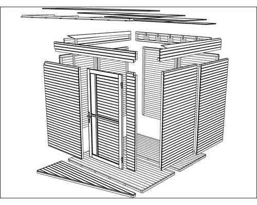 Explosionszeichnung eines Gartenhauses mit Holztür und horizontaler Holzverkleidung.