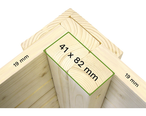 Holzkonstruktion mit Maßangaben 19 mm und 41 x 82 mm