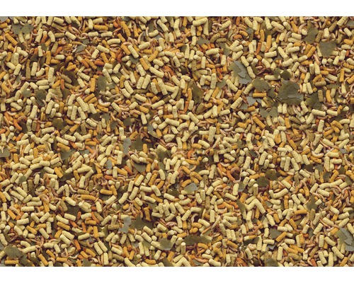 Nahaufnahme von Fischfutter mit Pellets, Insekten und Pflanzen