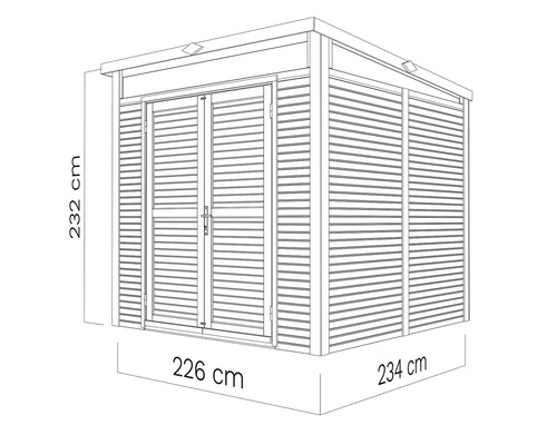 Schéma technique d''un abri de jardin mesurant 232 cm de haut, 226 cm de large et 234 cm de profondeur.