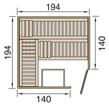Plan d''une sauna avec des dimensions de 194 centimètres sur 194 centimètres et 140 centimètres sur 140 centimètres.